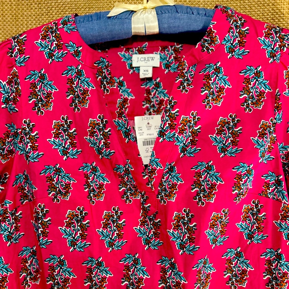 J. Crew Top XS New Pink Floral Puff Sleeve Cotton Shirt Blouse MSRP $79 NWT - Picture 2 of 4